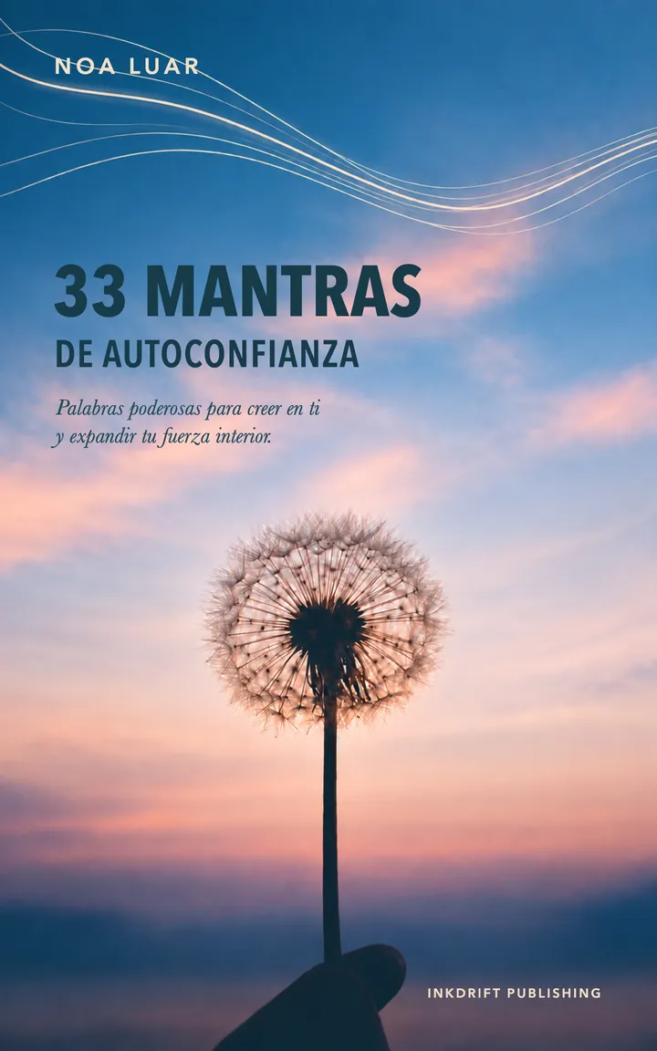 Cubierta de 33 Mantras de Autoconfianza: un diente de león sobre un cielo azul y rosado.