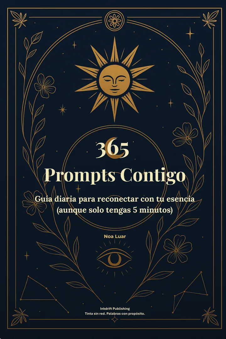 Cubierta de 365 Prompts Contigo: ilustración dorada sobre azul noche con el título al centro.