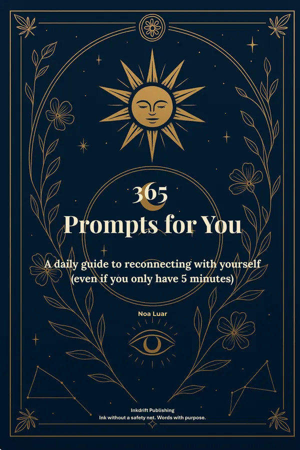 Cover of 365 Prompts for You: gold illustration on midnight blue with the title in the center.