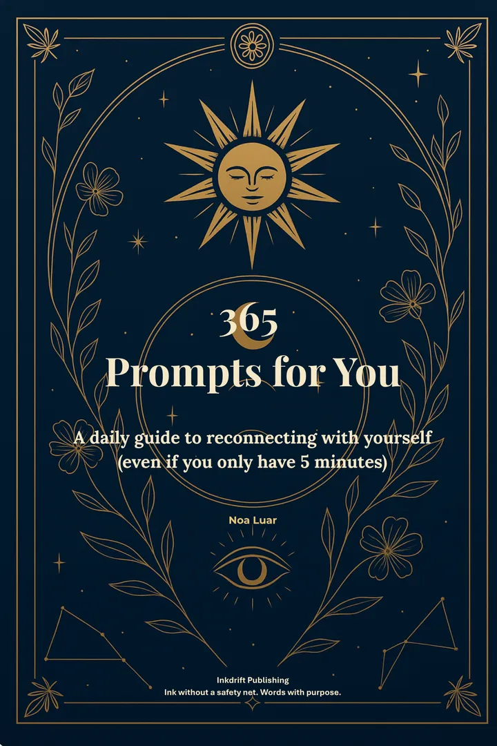 Cover of 365 Prompts for You: gold illustration on midnight blue with the title in the center.
